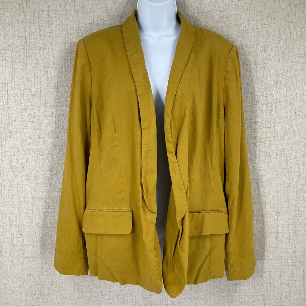 LOFT Blazer Womens 16 Mustard Yellow Linen Blend Open Front Shawl Collar Classic